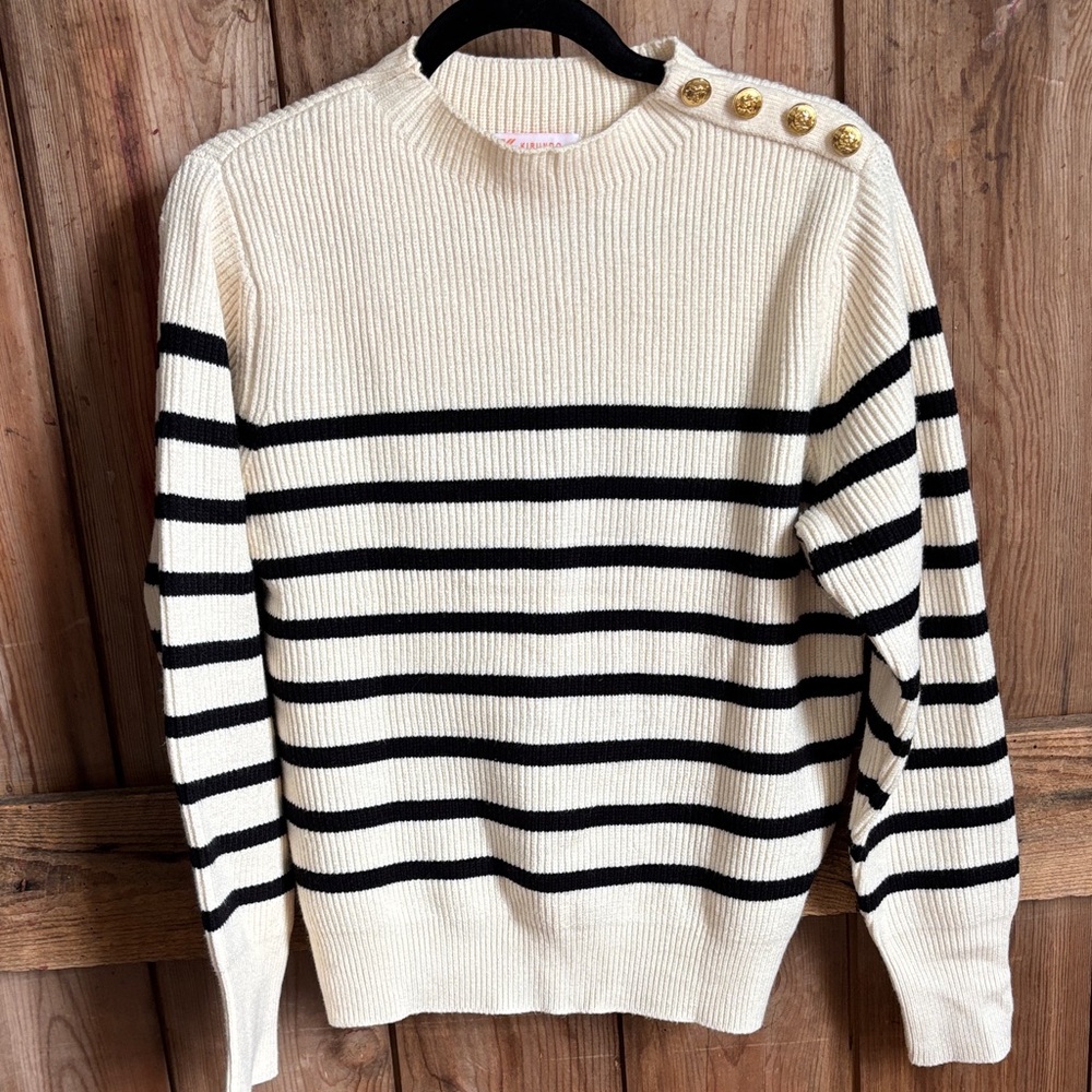 Chic Striped Button-Shoulder Sweater - Black and Cream
